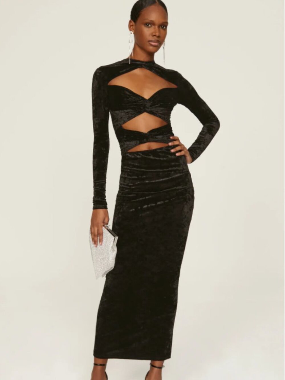 Ronny Kobo Normella Dress Womans XS Velvet Cut Out Twist Knot Black Maxi